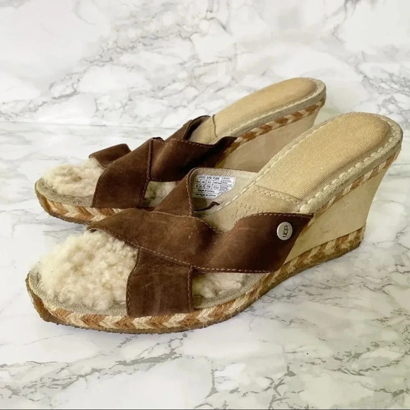 UGG Margot Chestnut Brown Tan Leather Sherpa Shearling Lined Wedges - Picture 1 of 7